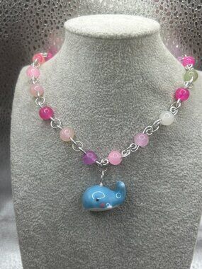 Handmade Multi Shade Pink Necklace with Blue Ceramic Whale
